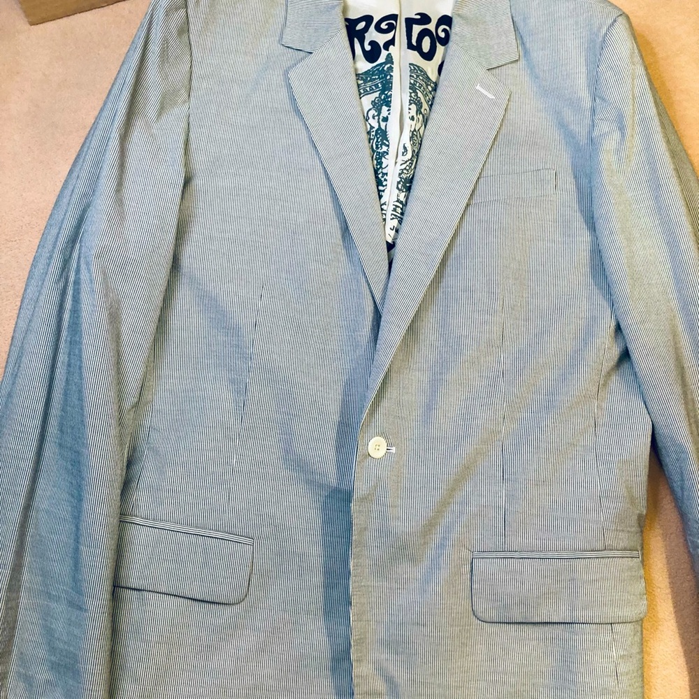 Juicy Couture mens single button jacket in blue white micro stripes, preloved